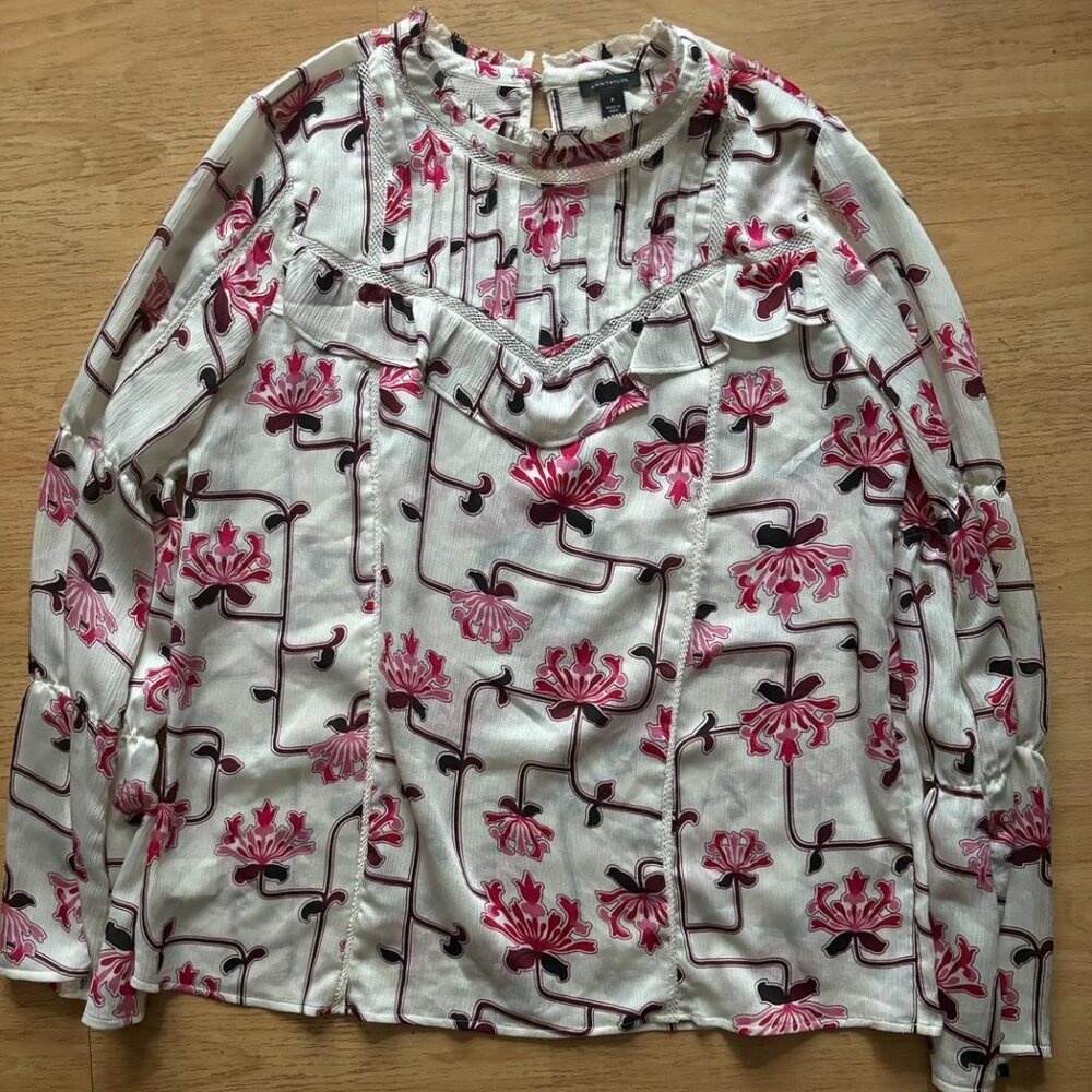 Ann Taylor White, Pink and Red Long Sleeve Blouse
